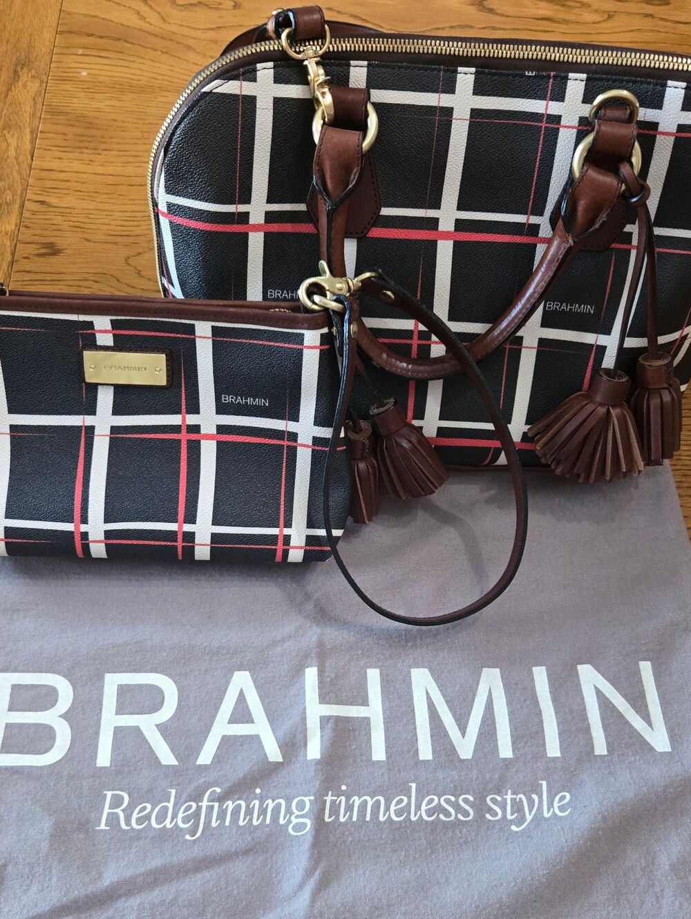 Brahmin Black Plaid Dome Satchel with Brown Trim and Red Accent